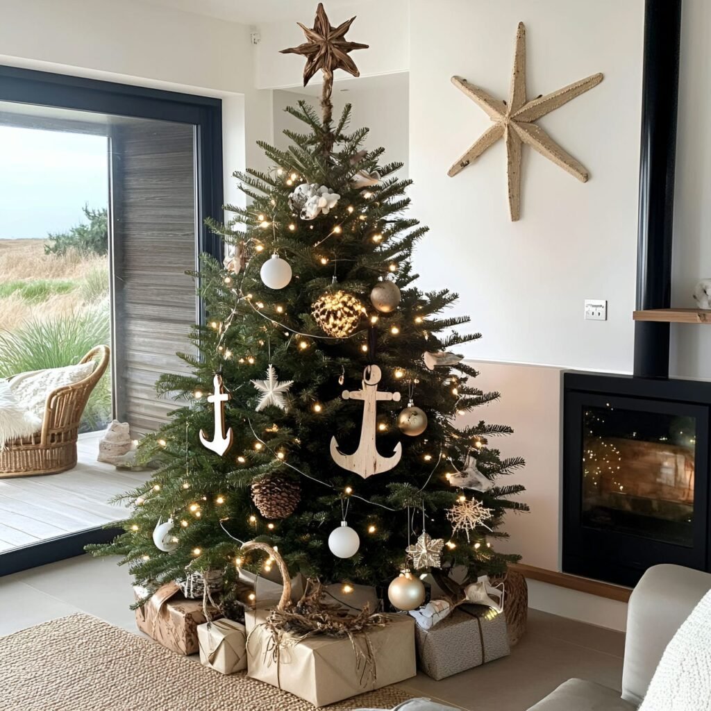 18. Driftwood Ornament Christmas Tree with Coastal Motifs