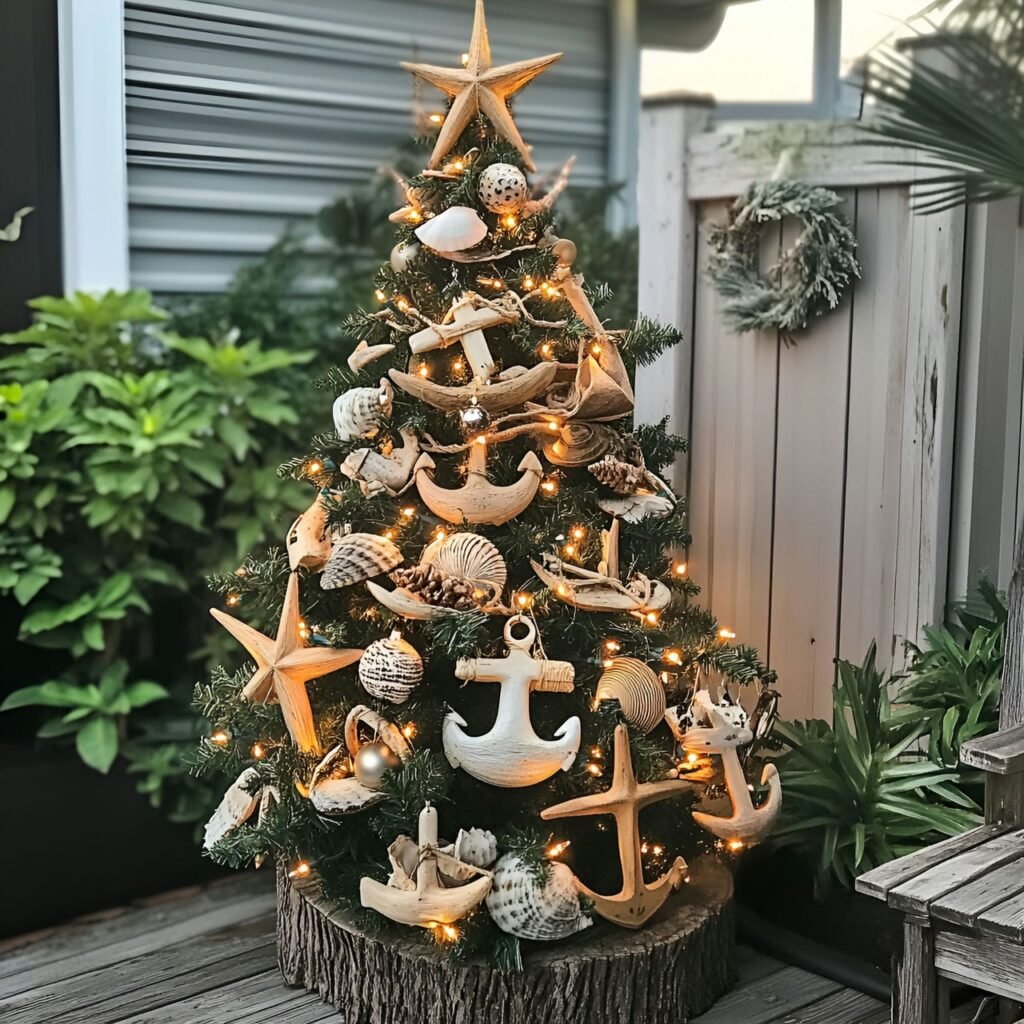 18. Driftwood Ornament Christmas Tree with Coastal Motifs