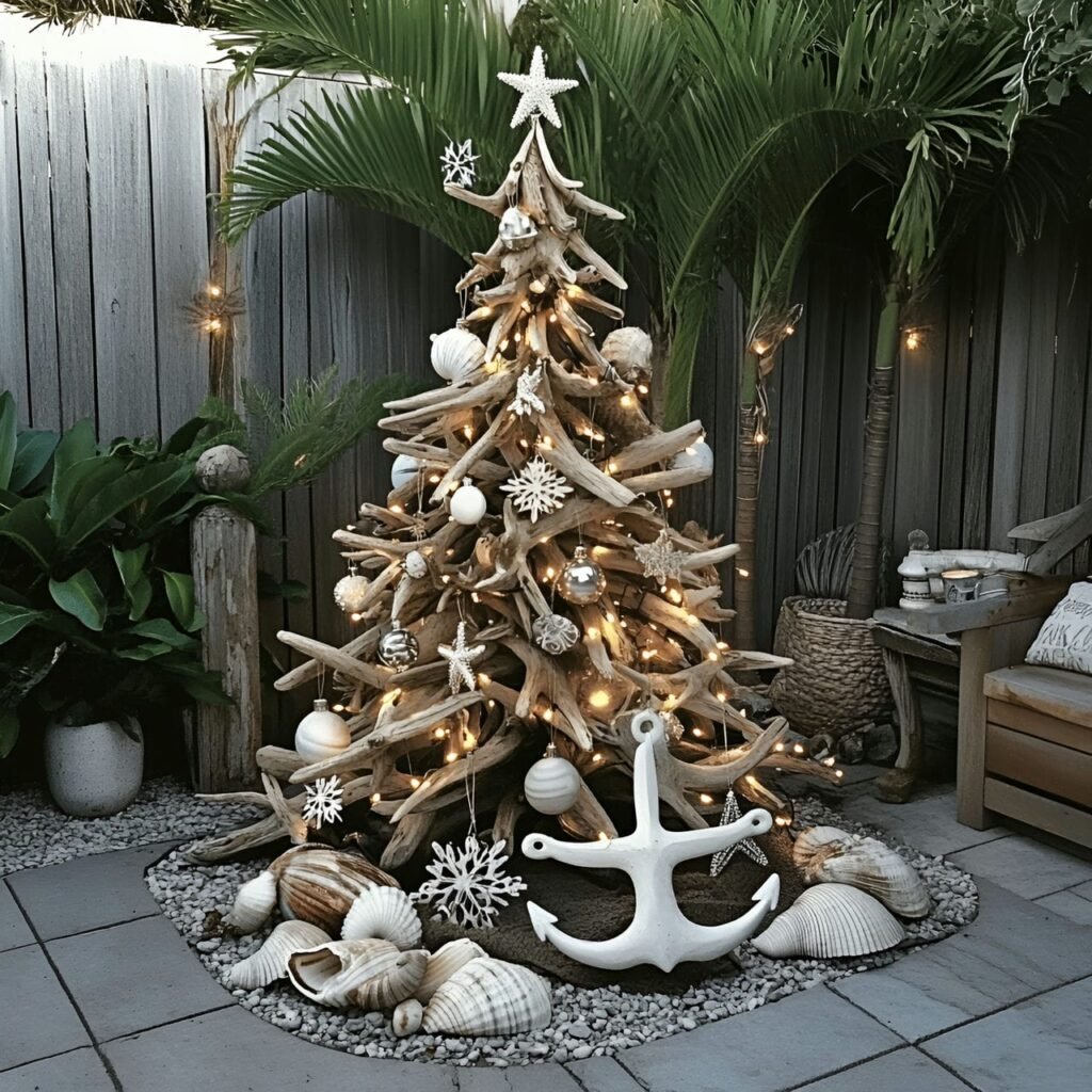 18. Driftwood Ornament Christmas Tree with Coastal Motifs