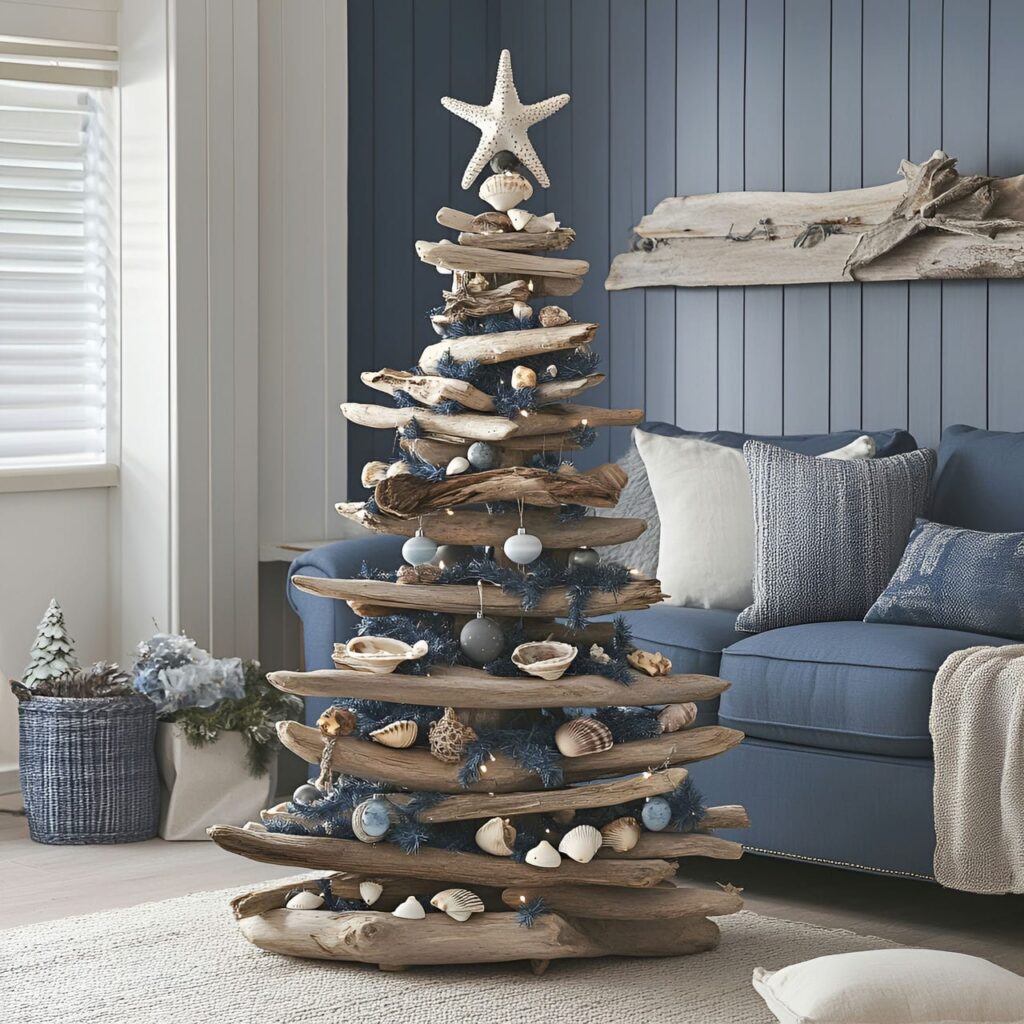 14. DIY Driftwood and Shell Tree with Nautical Ornaments