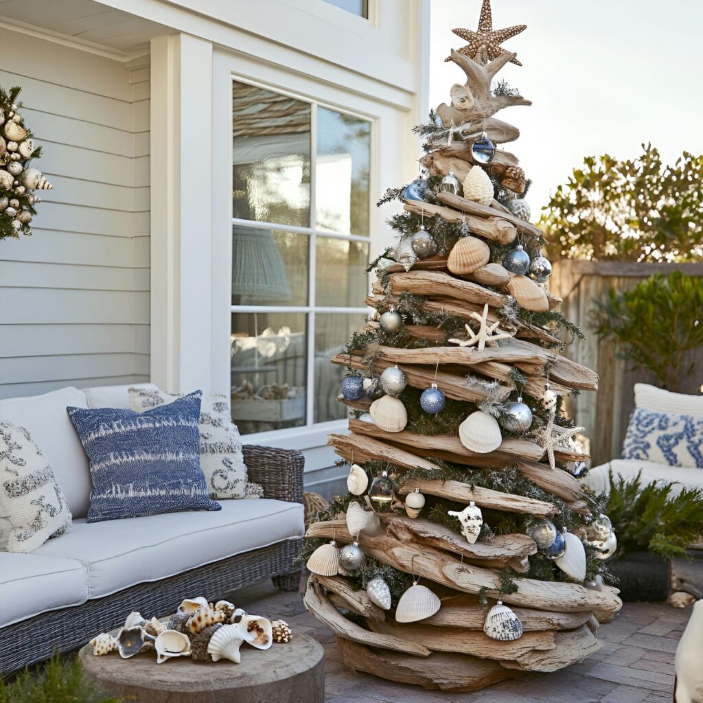 14. DIY Driftwood and Shell Tree with Nautical Ornaments