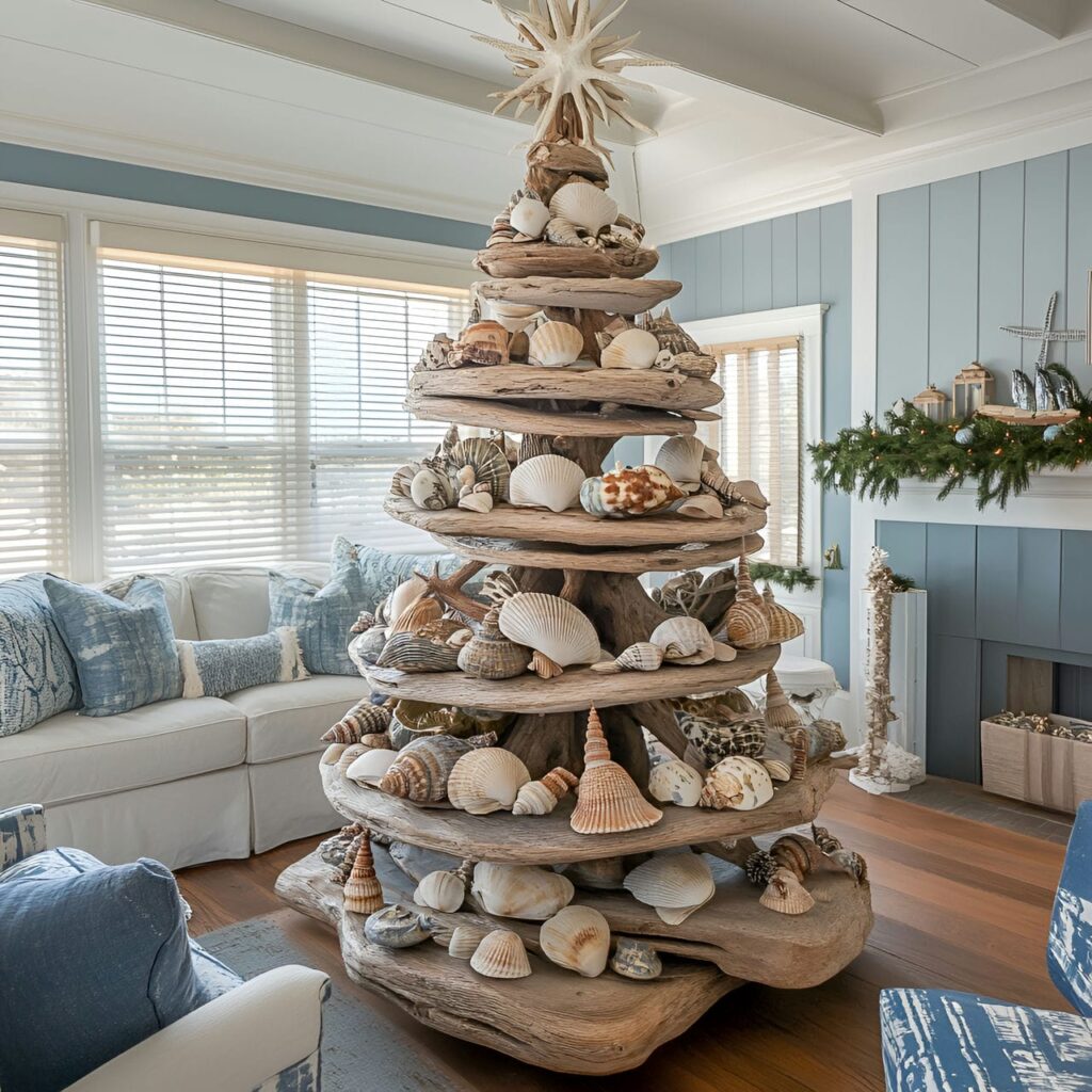 14. DIY Driftwood and Shell Tree with Nautical Ornaments