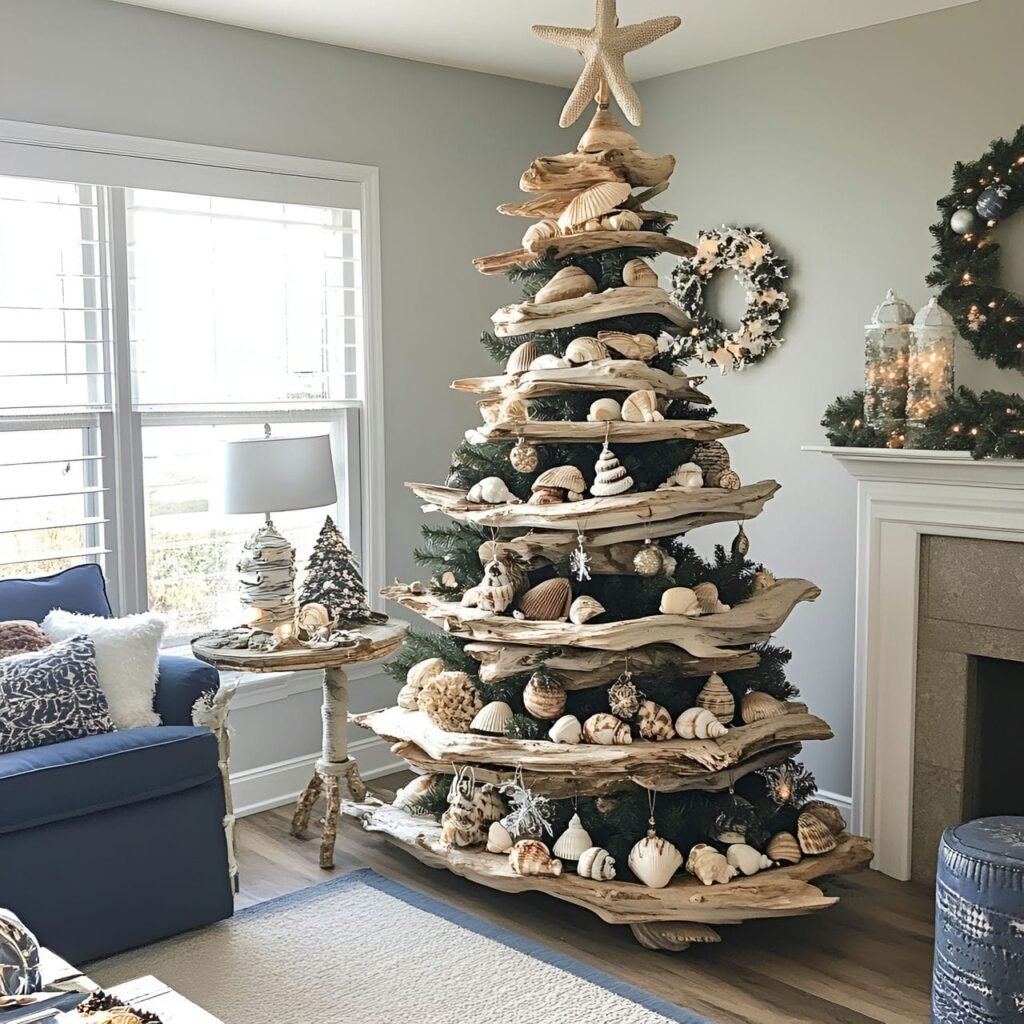 14. DIY Driftwood and Shell Tree with Nautical Ornaments