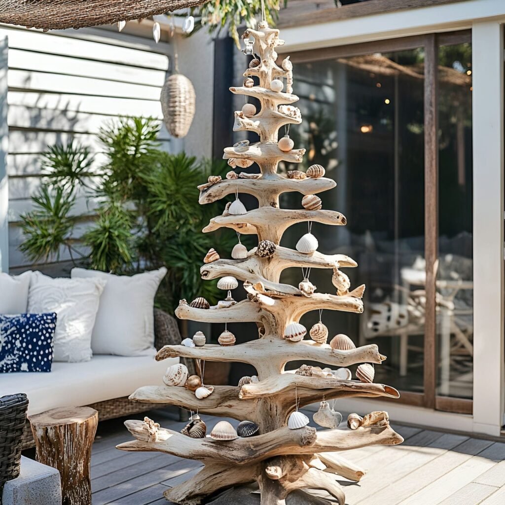 14. DIY Driftwood and Shell Tree with Nautical Ornaments