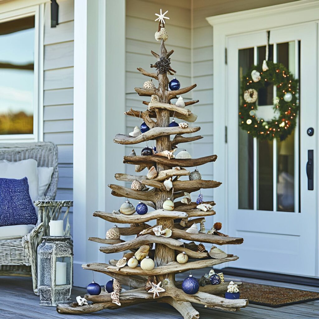 14. DIY Driftwood and Shell Tree with Nautical Ornaments