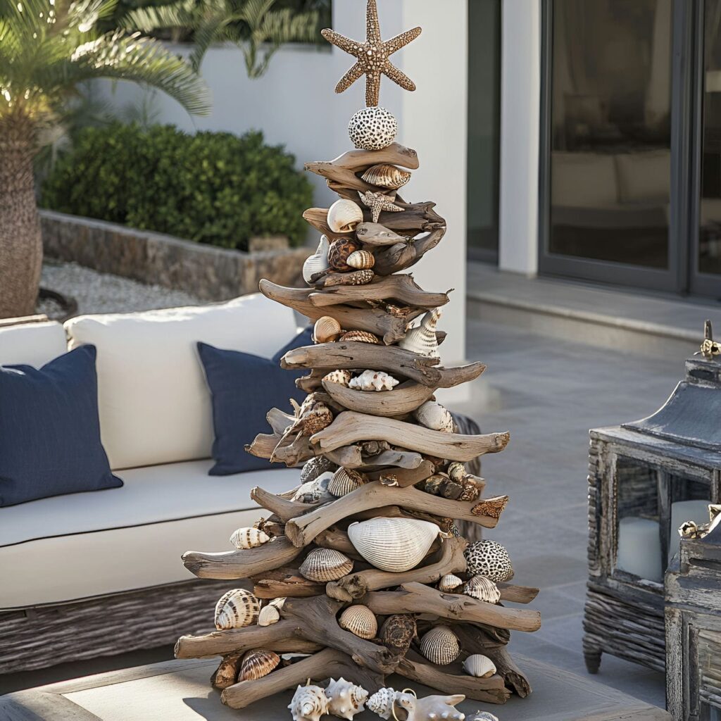 14. DIY Driftwood and Shell Tree with Nautical Ornaments