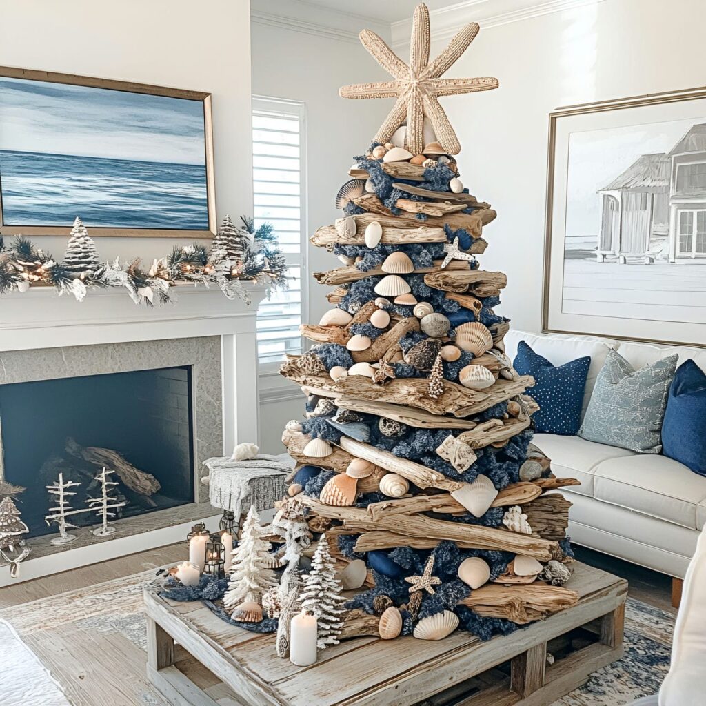 14. DIY Driftwood and Shell Tree with Nautical Ornaments