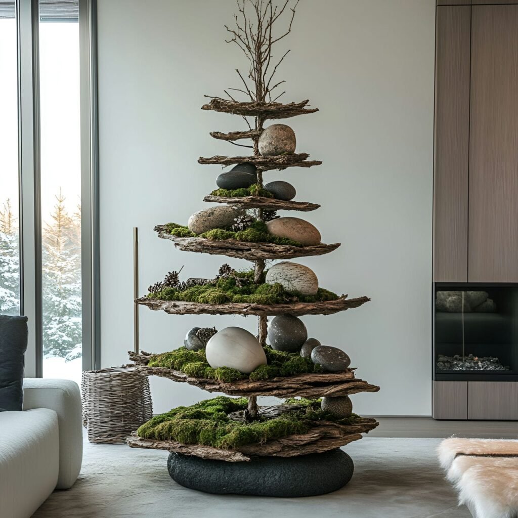 28. Earthy Moss & Stone Tree with Moss-Covered Ornaments