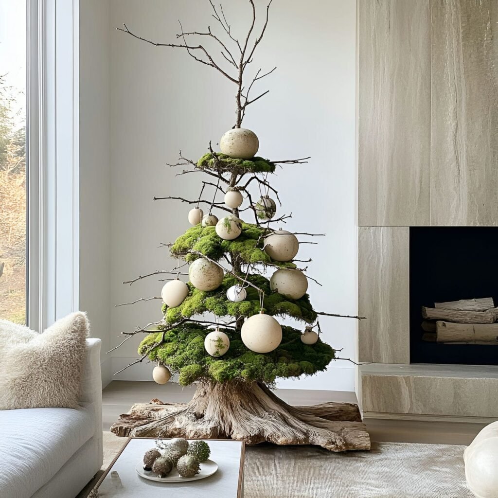 28. Earthy Moss & Stone Tree with Moss-Covered Ornaments