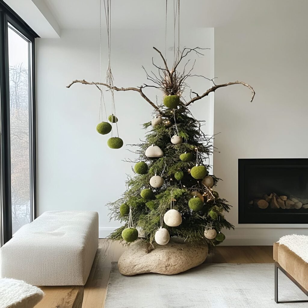 28. Earthy Moss & Stone Tree with Moss-Covered Ornaments