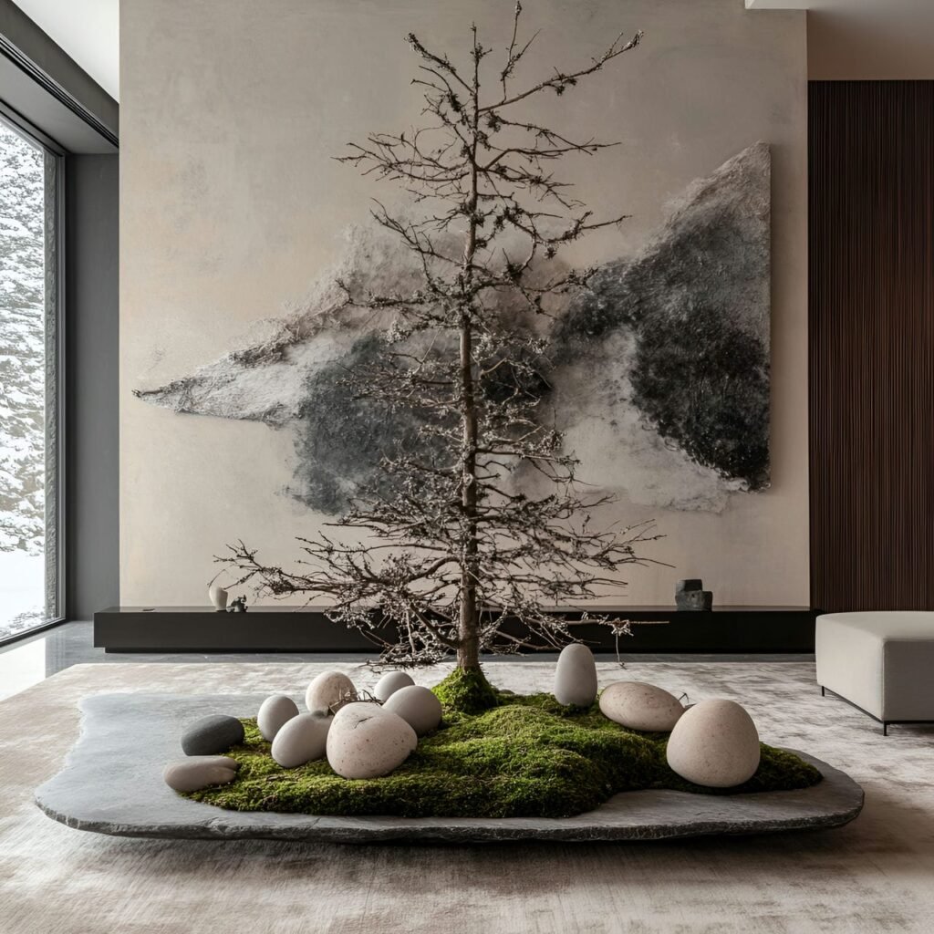 28. Earthy Moss & Stone Tree with Moss-Covered Ornaments