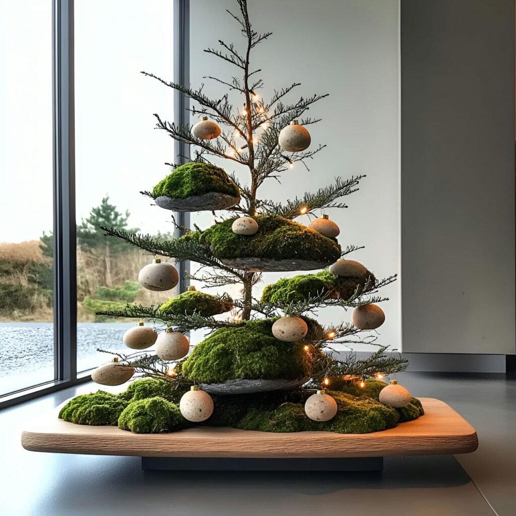 28. Earthy Moss & Stone Tree with Moss-Covered Ornaments