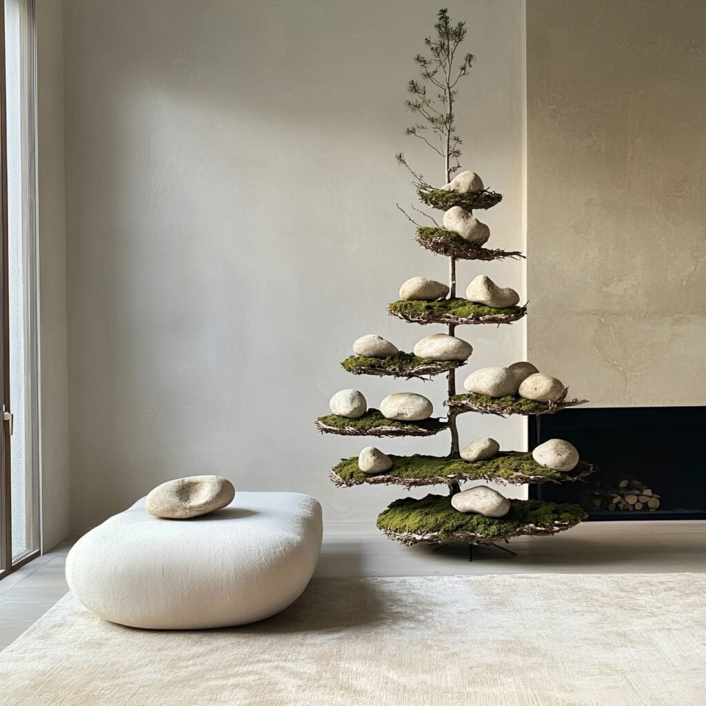 28. Earthy Moss & Stone Tree with Moss-Covered Ornaments