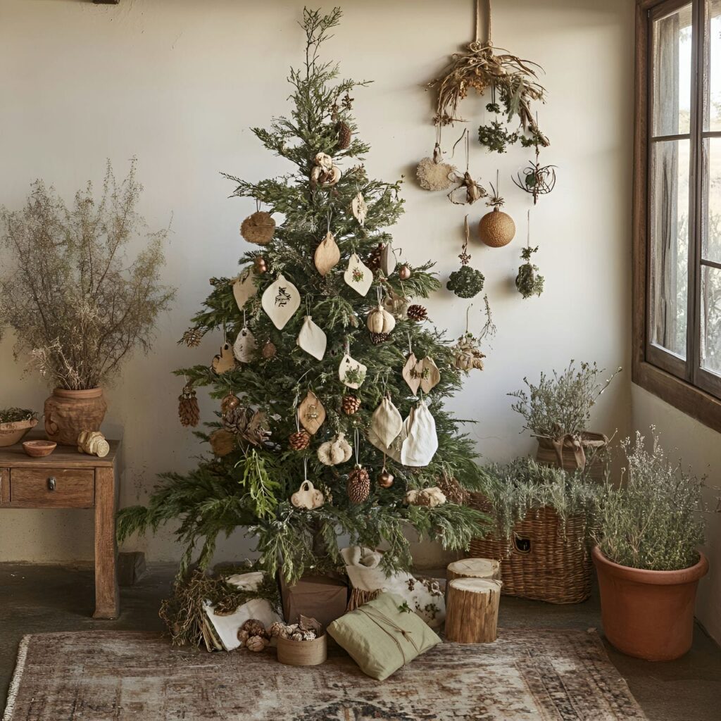 18. Eco-Friendly Charm Tree with Recycled Fabrics and Dried Herbs