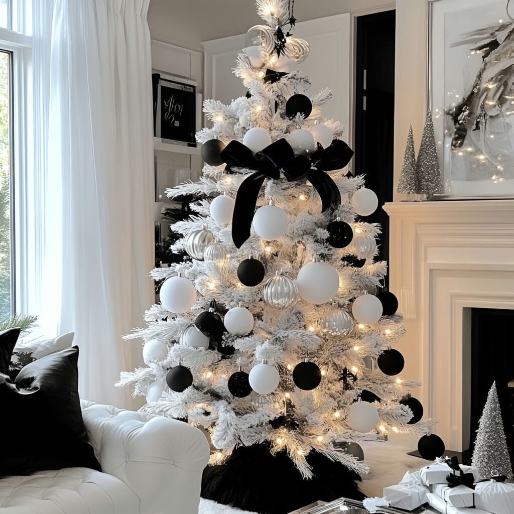 01. Elegant Black & White Christmas Tree with Sleek Ornaments