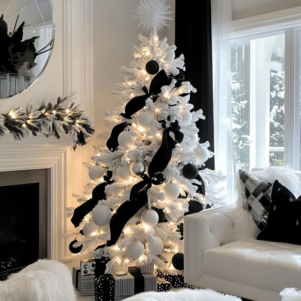 01. Elegant Black & White Christmas Tree with Sleek Ornaments