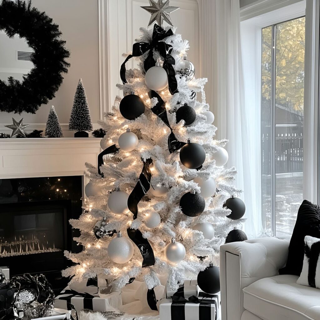 01. Elegant Black & White Christmas Tree with Sleek Ornaments