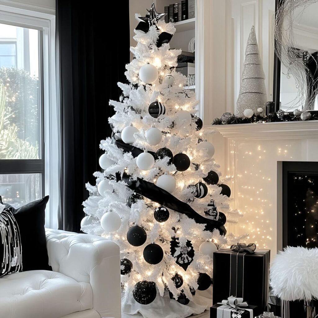 01. Elegant Black & White Christmas Tree with Sleek Ornaments