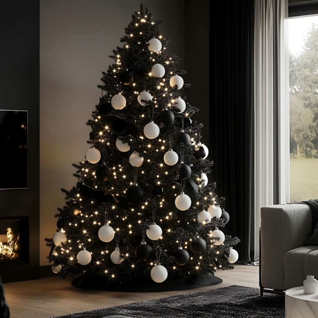 01. Elegant Black & White Christmas Tree with Sleek Ornaments