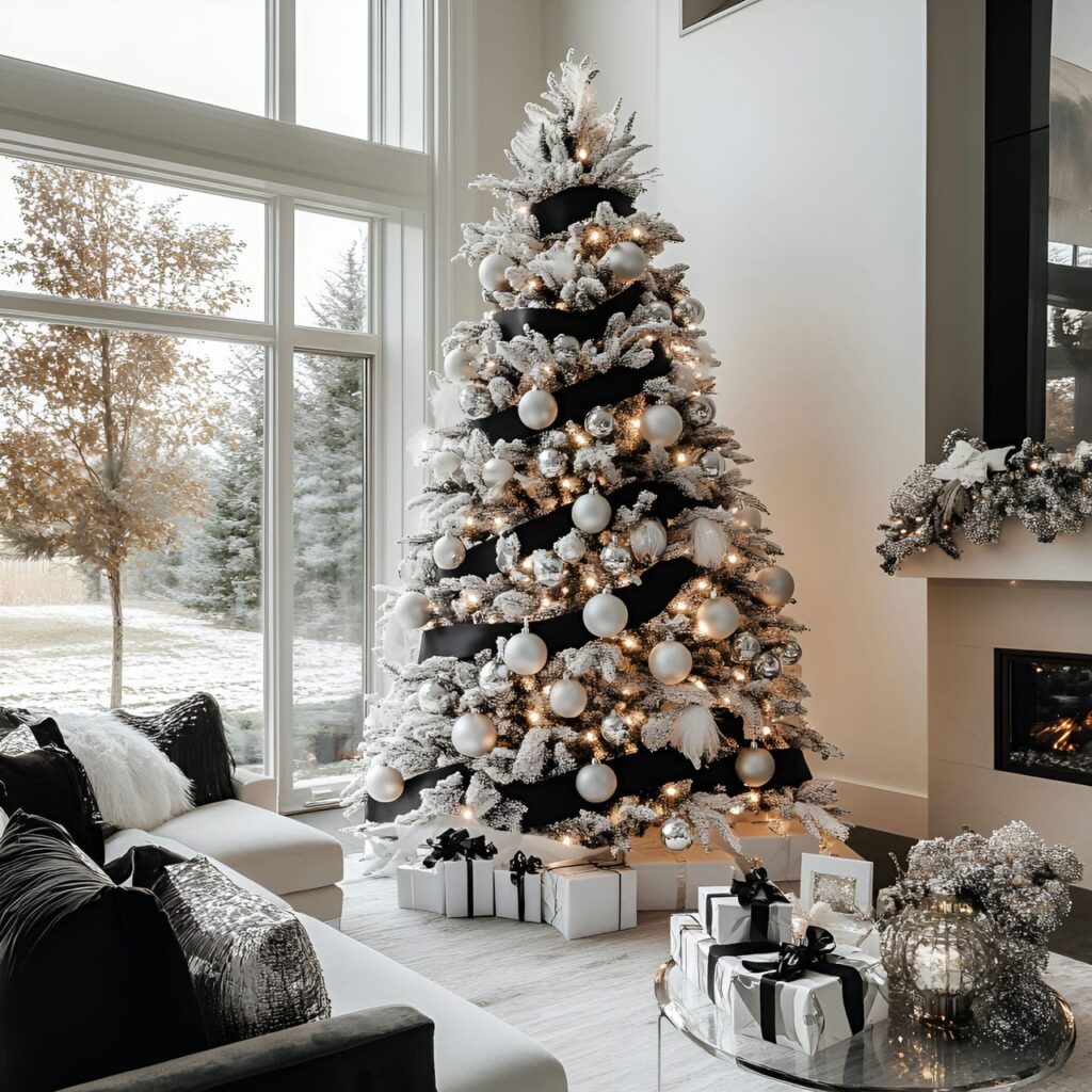 01. Elegant Black & White Christmas Tree with Sleek Ornaments