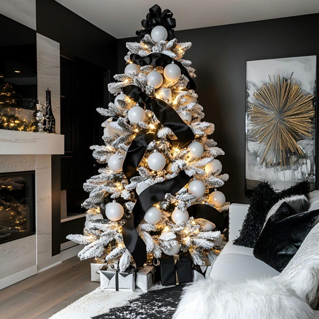 01. Elegant Black & White Christmas Tree with Sleek Ornaments