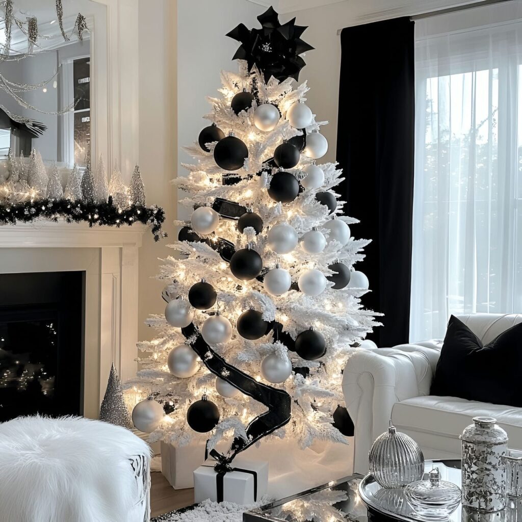 01. Elegant Black & White Christmas Tree with Sleek Ornaments