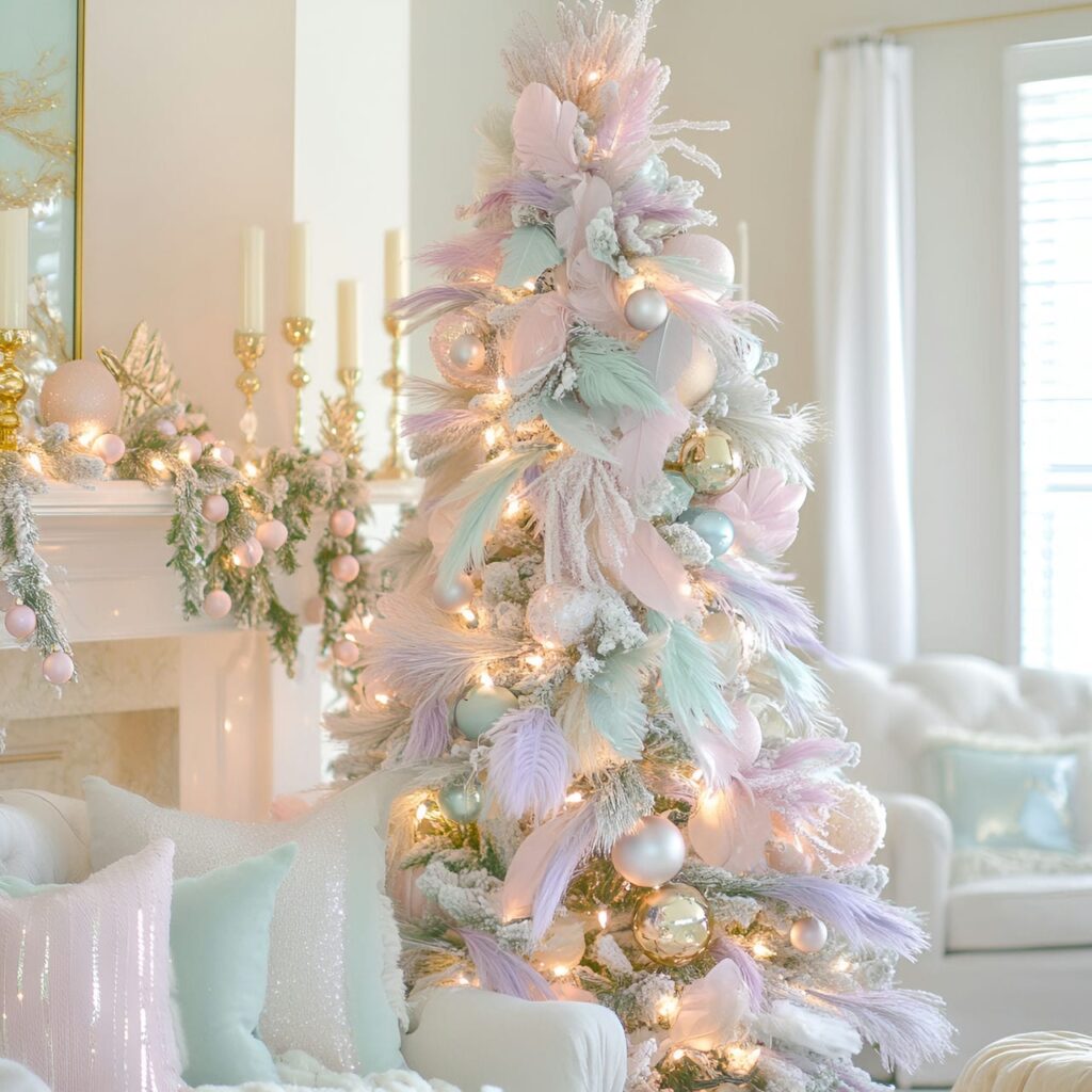 05. Elegant Feathered Pastel Christmas Tree with Soft Feathers