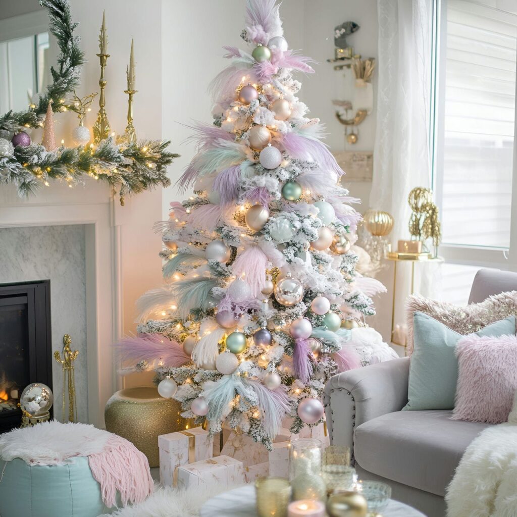 05. Elegant Feathered Pastel Christmas Tree with Soft Feathers