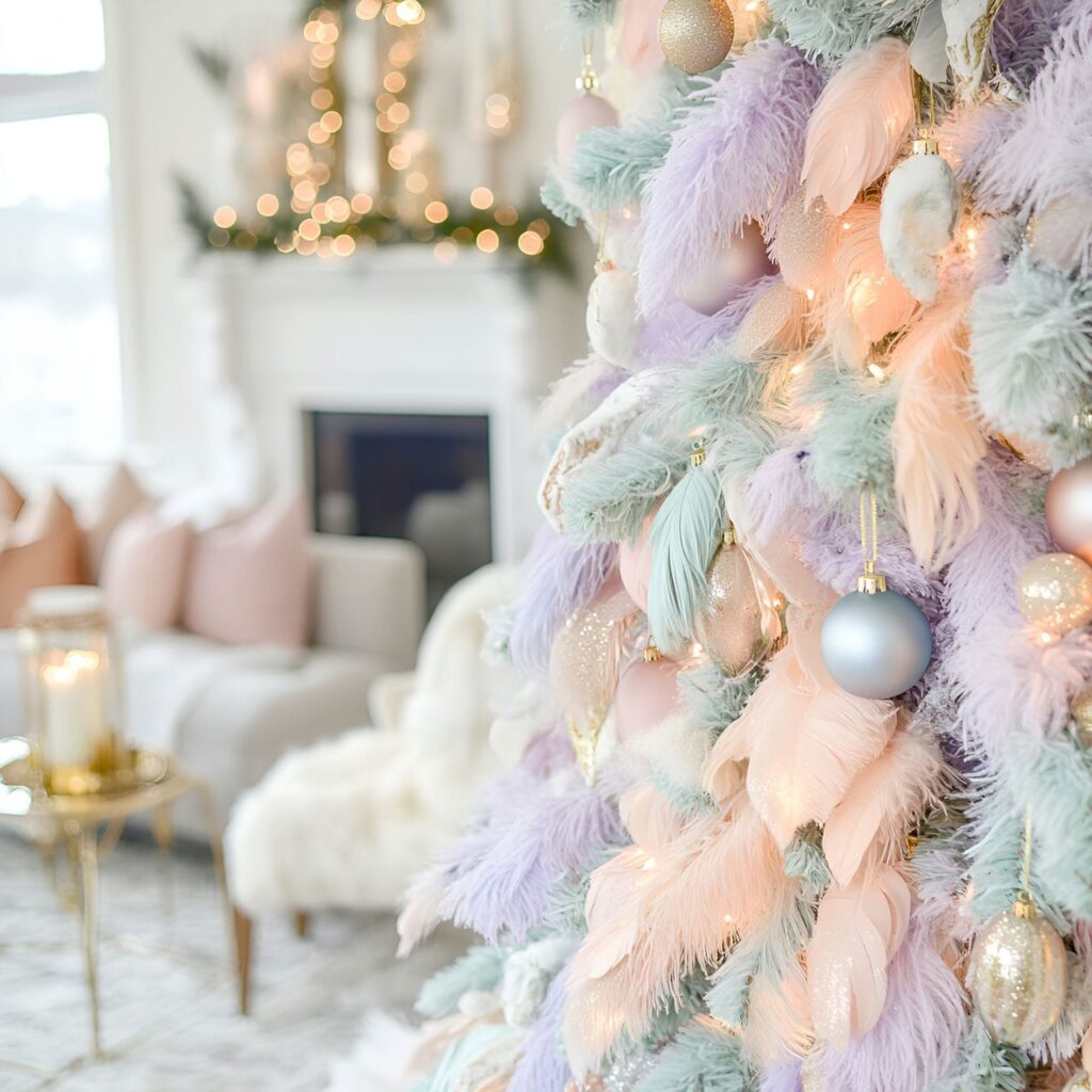 05. Elegant Feathered Pastel Christmas Tree with Soft Feathers