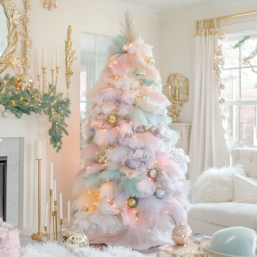 05. Elegant Feathered Pastel Christmas Tree with Soft Feathers