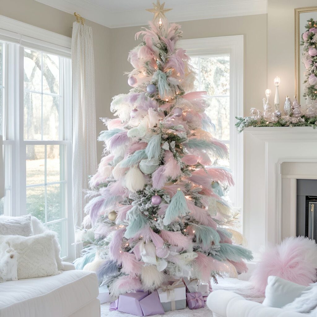 05. Elegant Feathered Pastel Christmas Tree with Soft Feathers