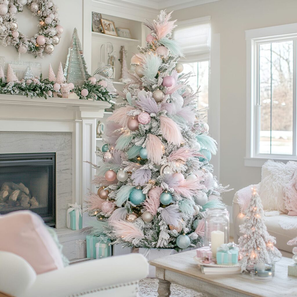 05. Elegant Feathered Pastel Christmas Tree with Soft Feathers