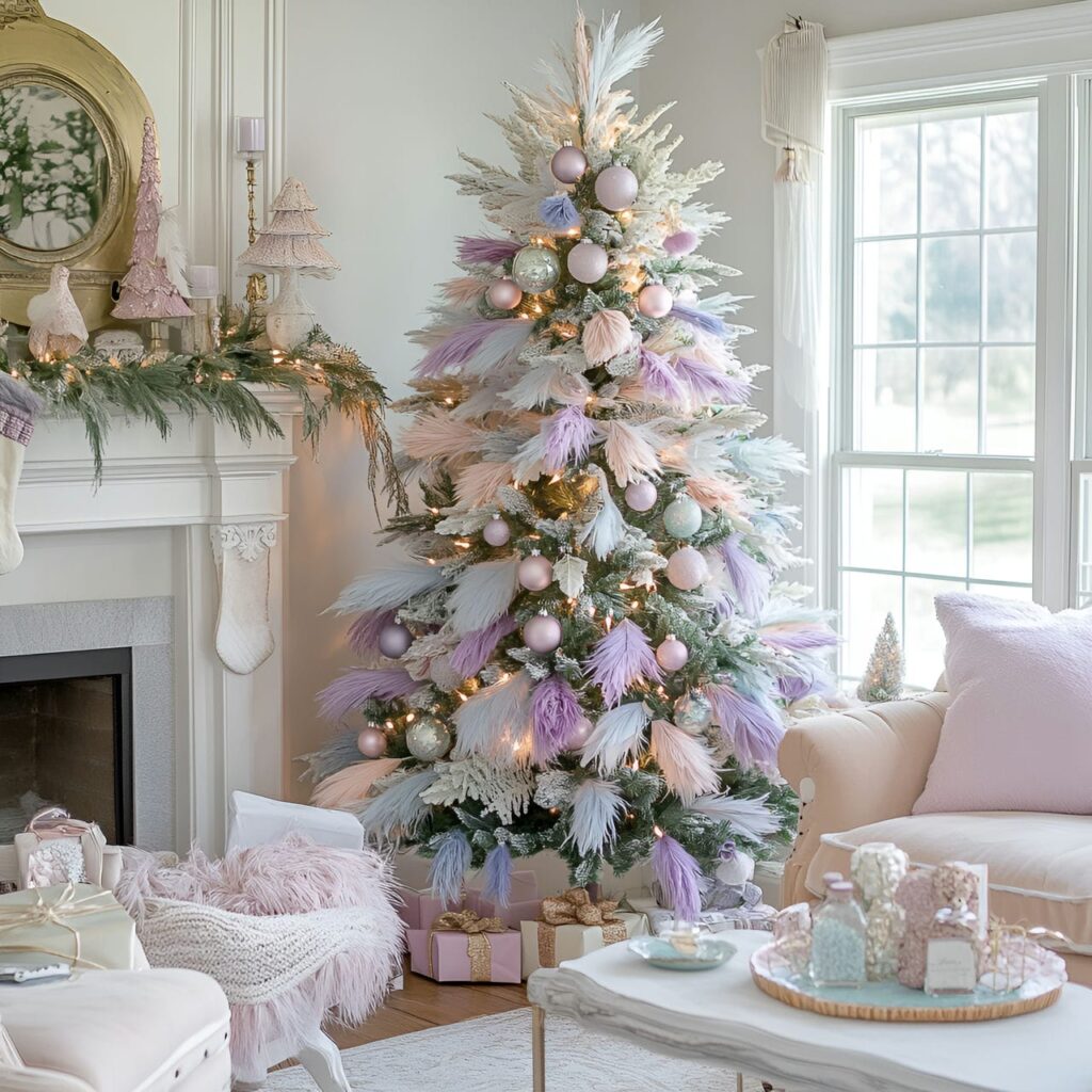 05. Elegant Feathered Pastel Christmas Tree with Soft Feathers