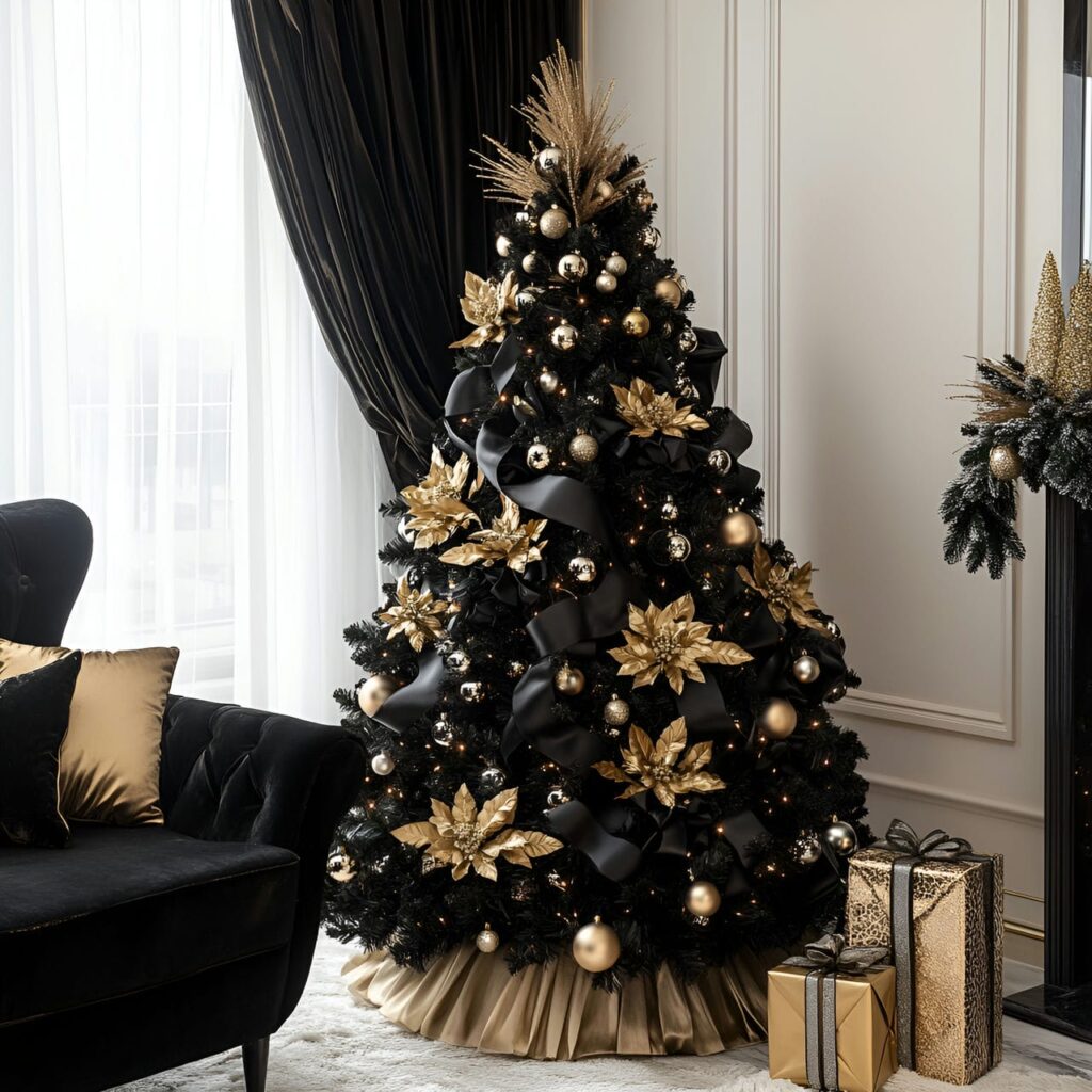 18. Elegant Noir Christmas Tree with Black and Gold Highlights