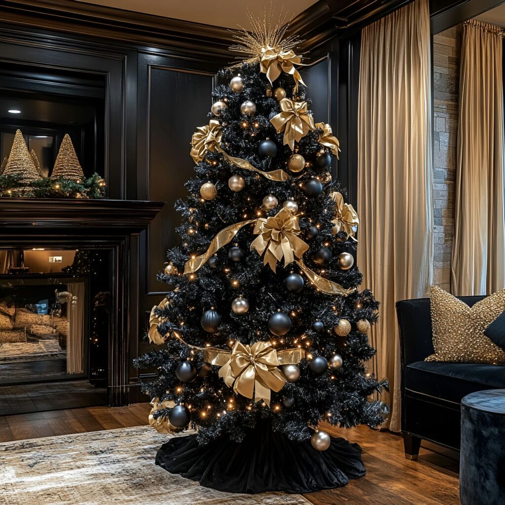 18. Elegant Noir Christmas Tree with Black and Gold Highlights