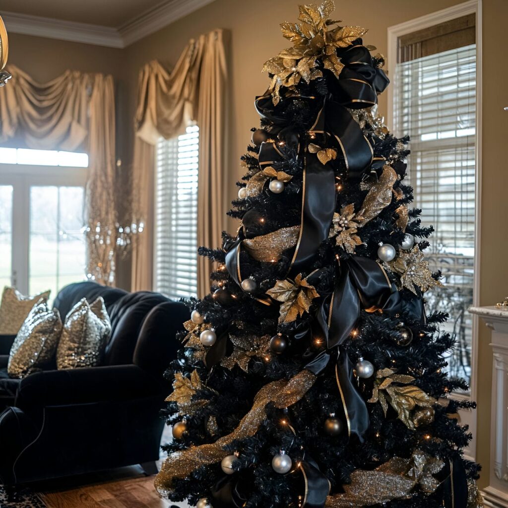 18. Elegant Noir Christmas Tree with Black and Gold Highlights