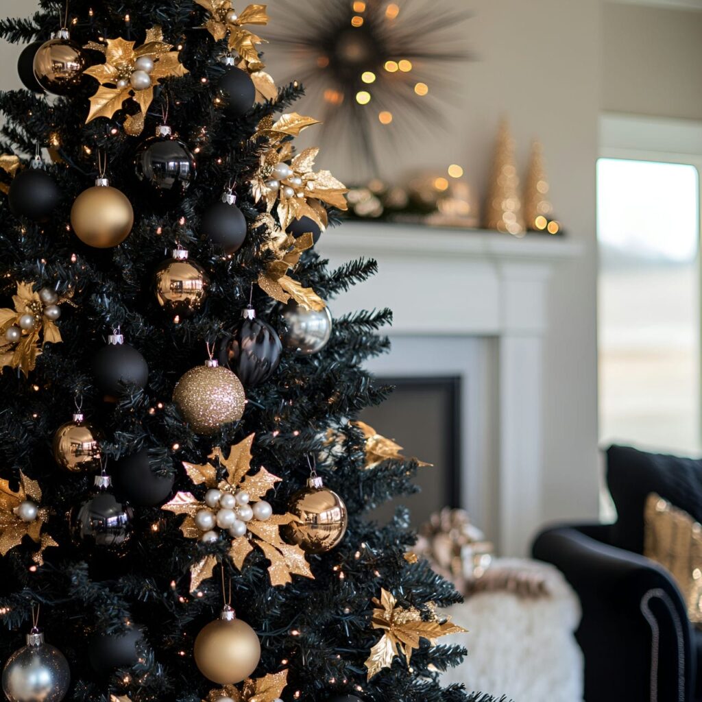 18. Elegant Noir Christmas Tree with Black and Gold Highlights