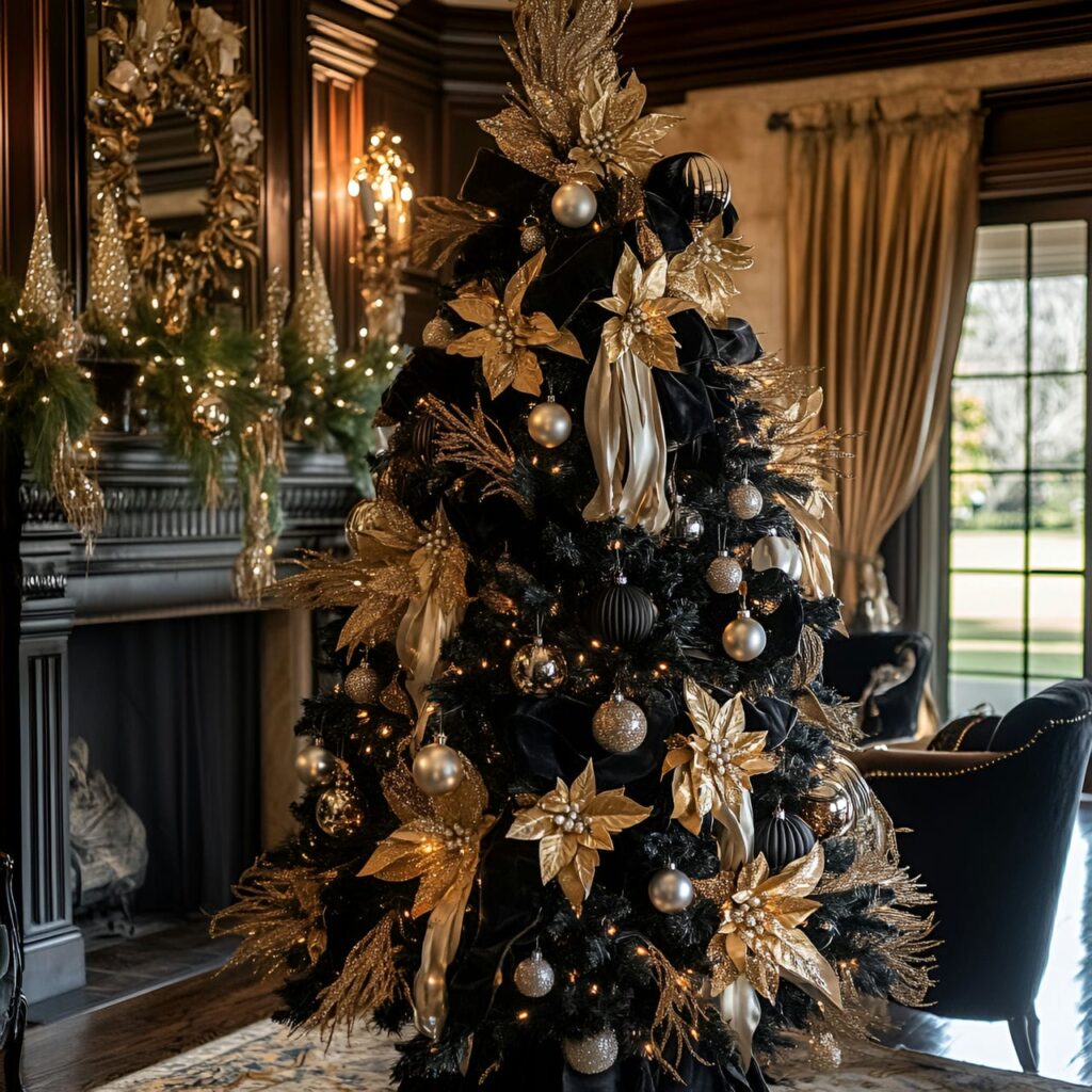 18. Elegant Noir Christmas Tree with Black and Gold Highlights