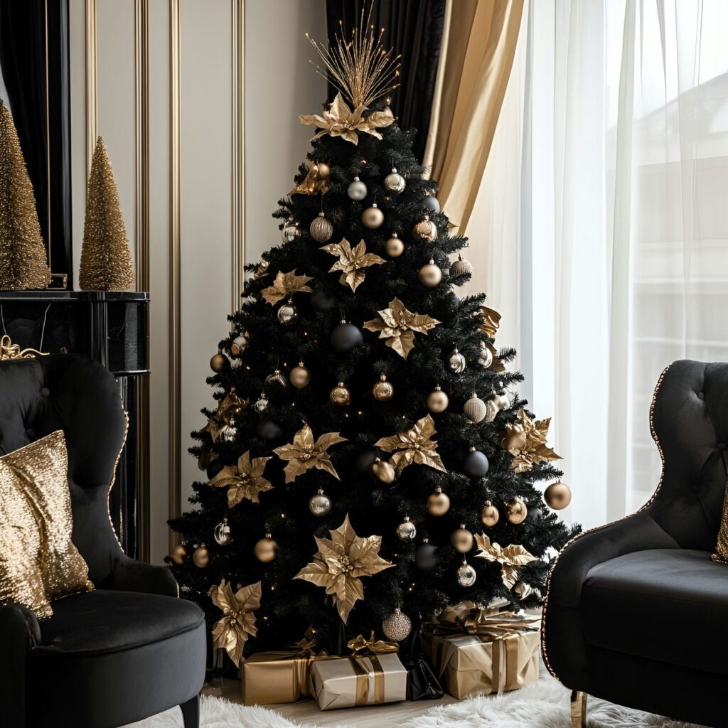 18. Elegant Noir Christmas Tree with Black and Gold Highlights