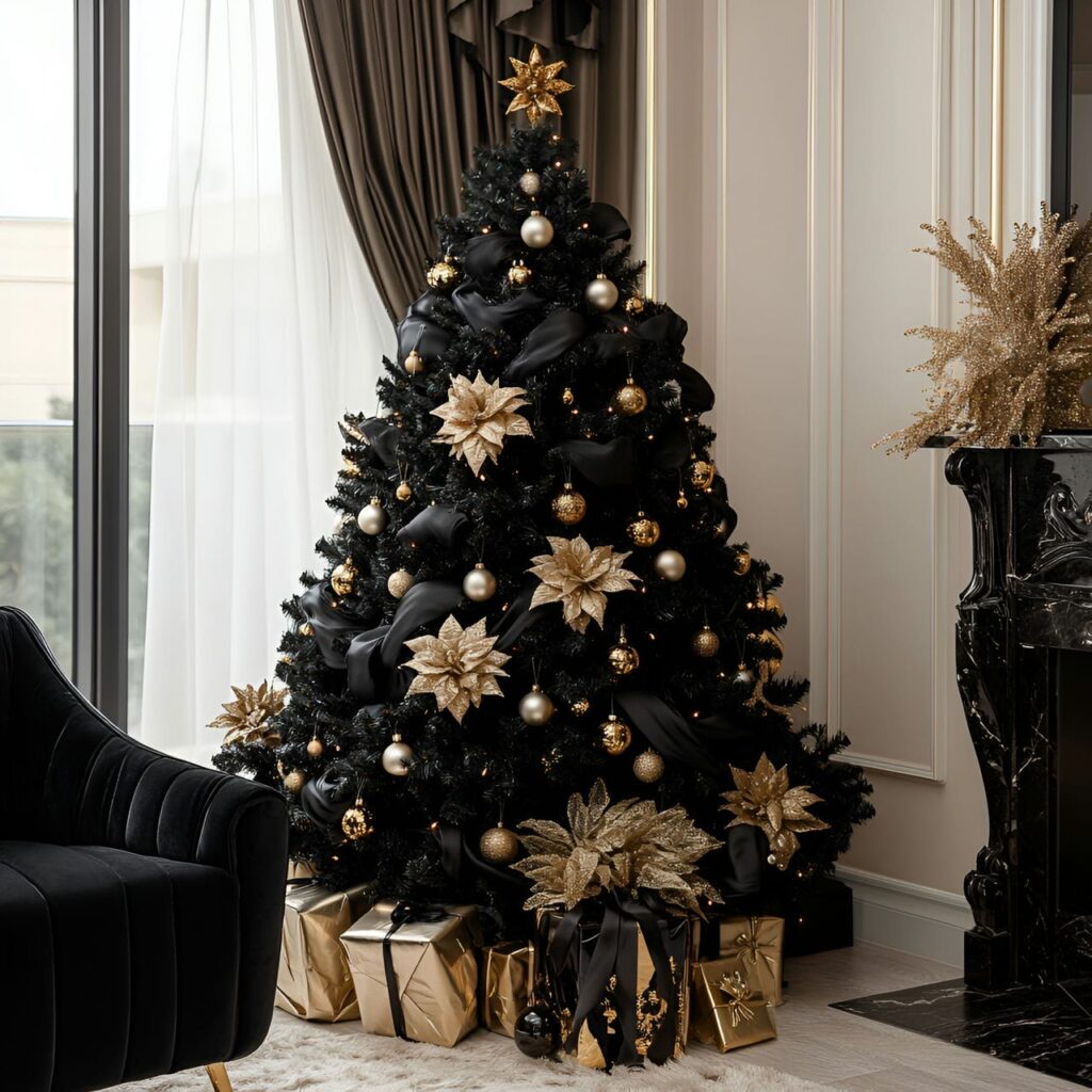 18. Elegant Noir Christmas Tree with Black and Gold Highlights