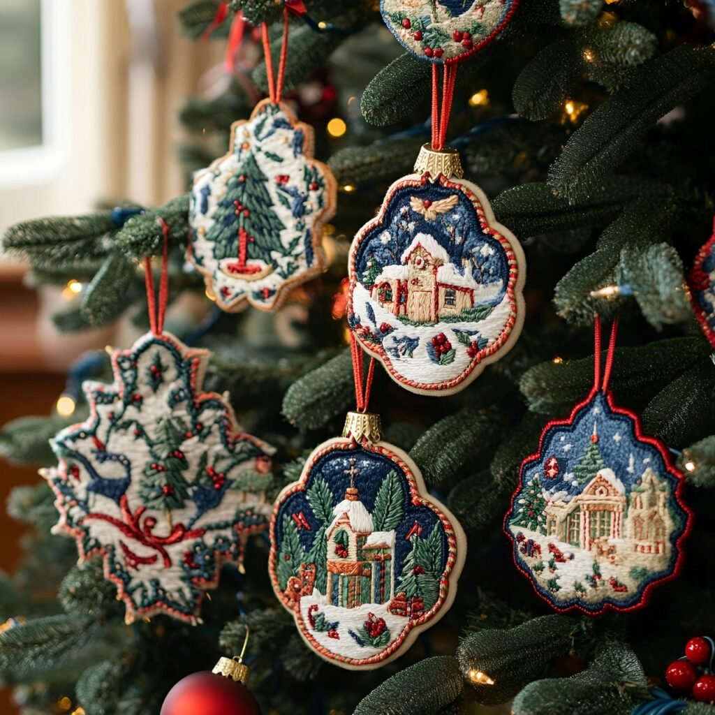 10. Embroidered Ornaments Christmas Tree with Festive Patterns