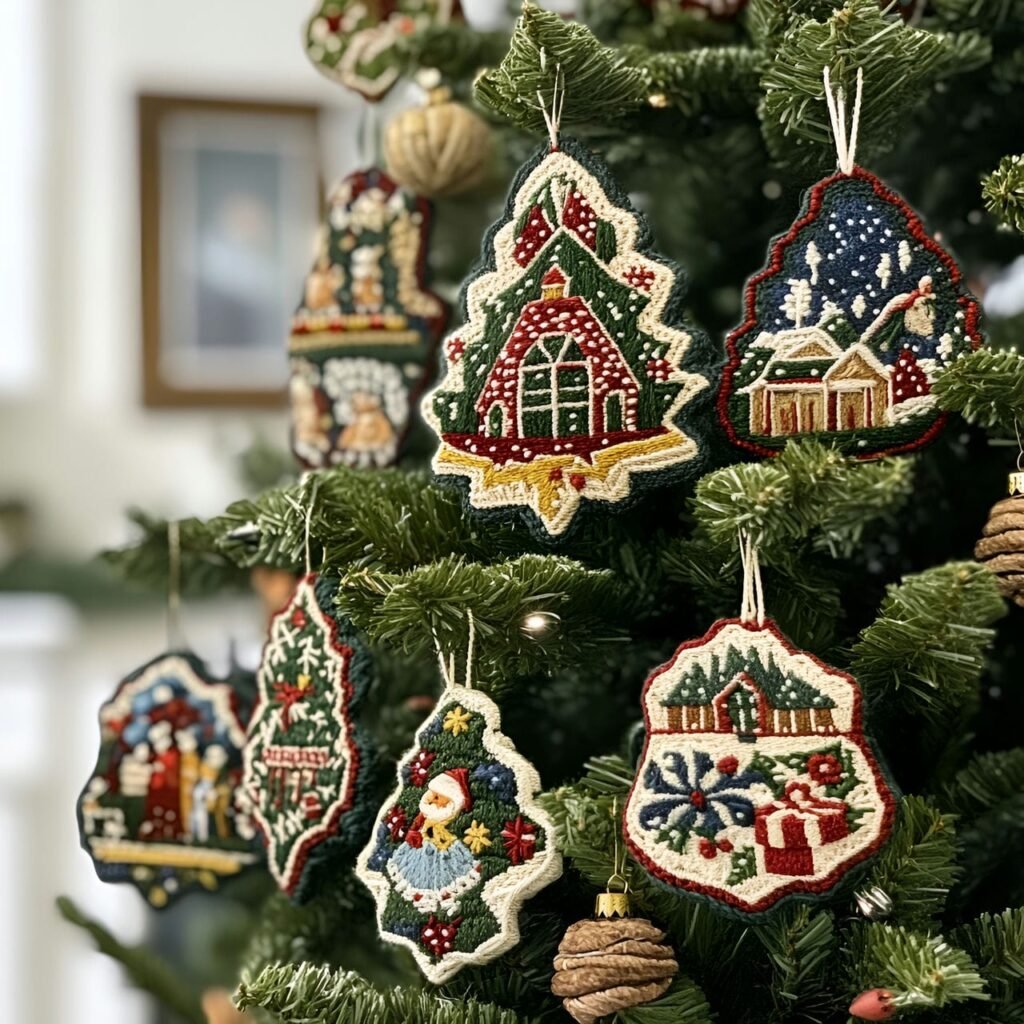 10. Embroidered Ornaments Christmas Tree with Festive Patterns