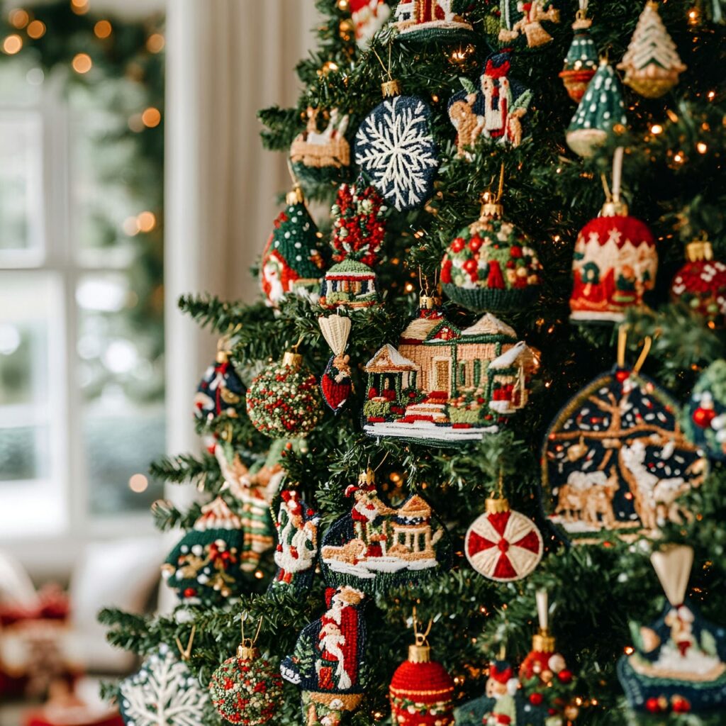 10. Embroidered Ornaments Christmas Tree with Festive Patterns