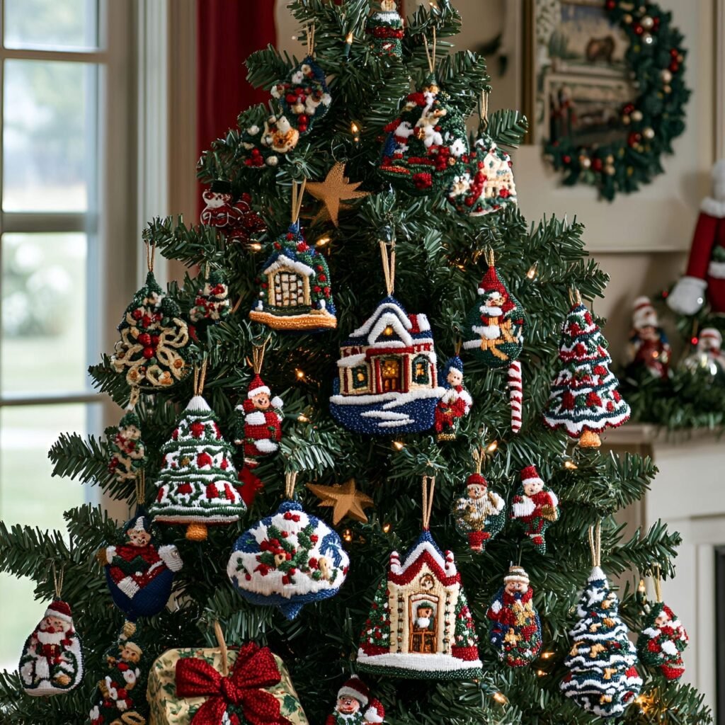 10. Embroidered Ornaments Christmas Tree with Festive Patterns