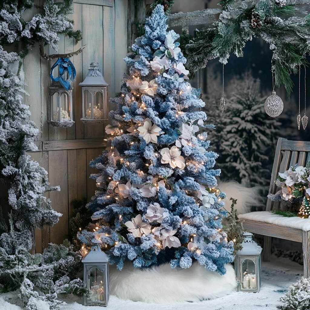 15. Enchanting Blue Floral Christmas Tree in Winter Garden Setting