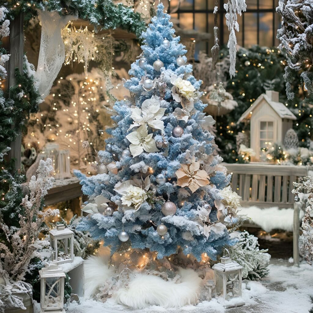 15. Enchanting Blue Floral Christmas Tree in Winter Garden Setting