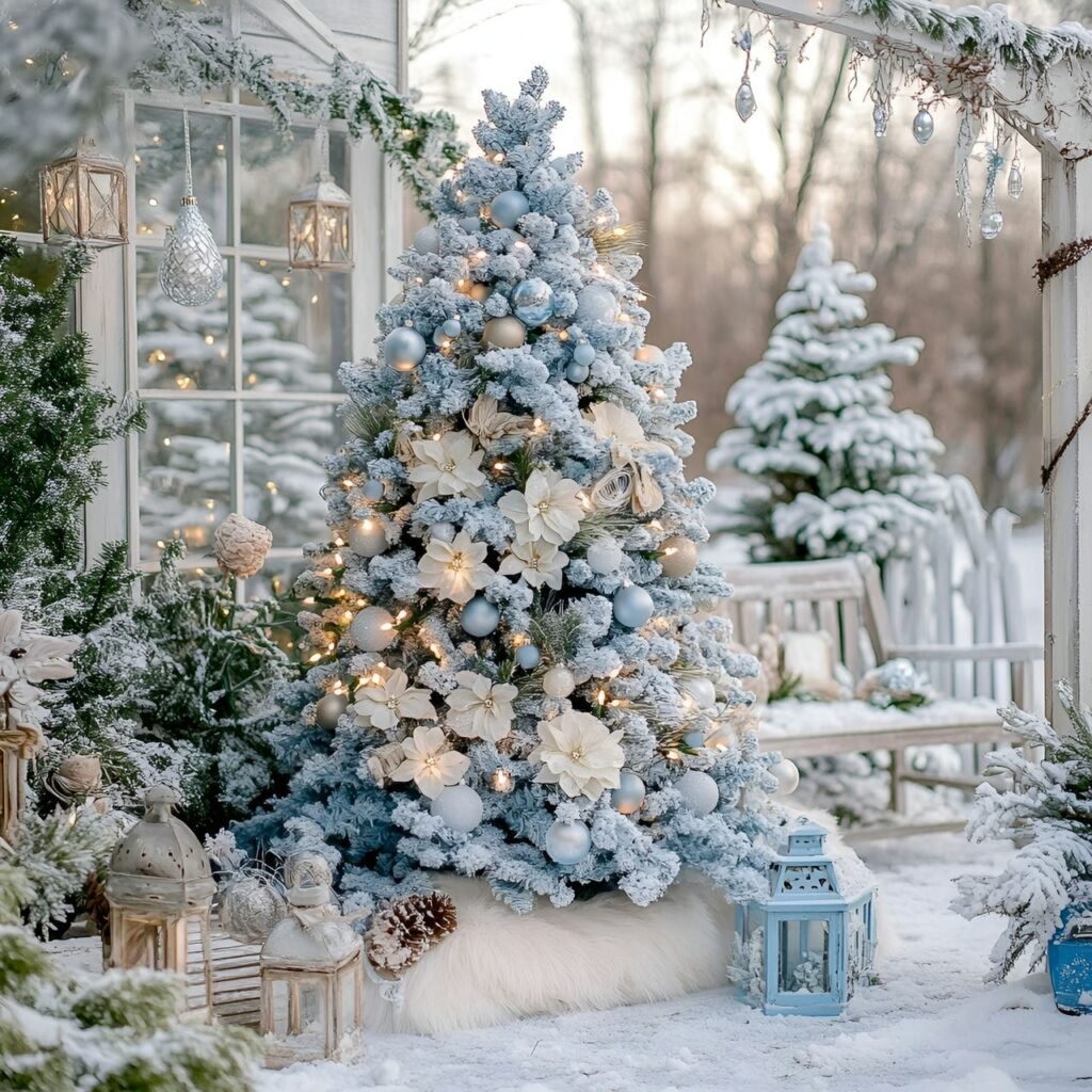 15. Enchanting Blue Floral Christmas Tree in Winter Garden Setting