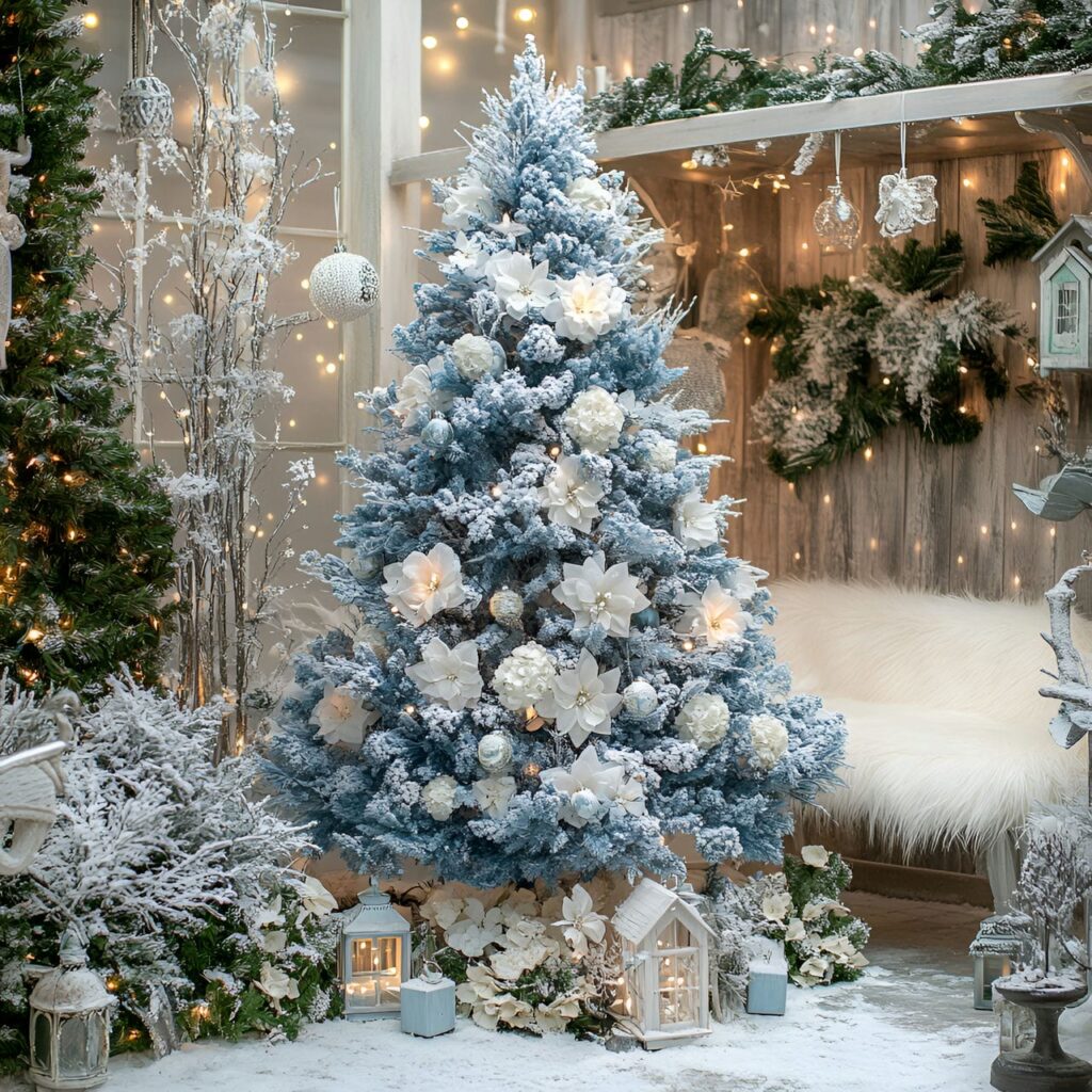 15. Enchanting Blue Floral Christmas Tree in Winter Garden Setting