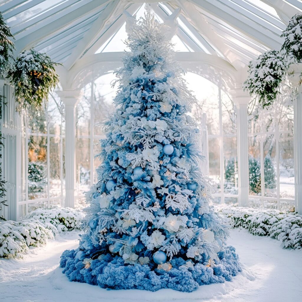 15. Enchanting Blue Floral Christmas Tree in Winter Garden Setting