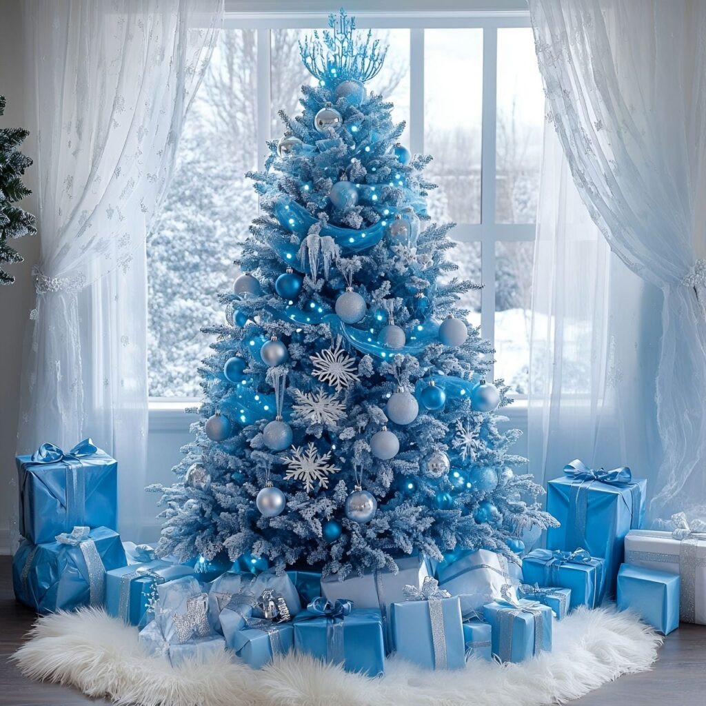 20. Enchanting Frozen-Themed Blue Christmas Tree with Icy Ornaments